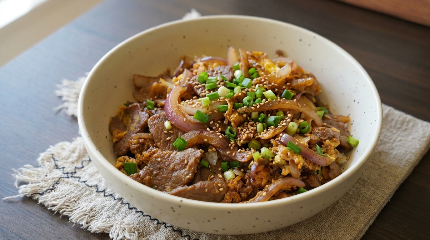 Herzhafte Gyudon-Style Rindfleisch-Reisschale