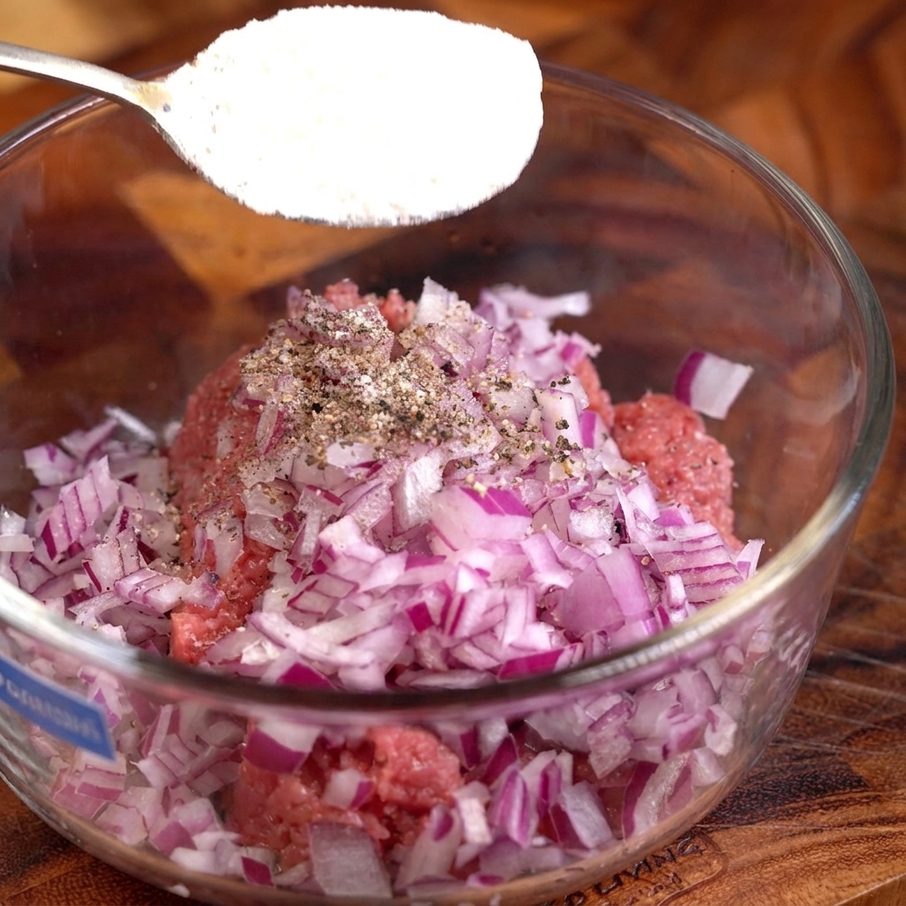 Eine Schüssel mit gehacktem Rindfleisch, Zwiebeln, Ei und Gewürzen zur Vorbereitung.