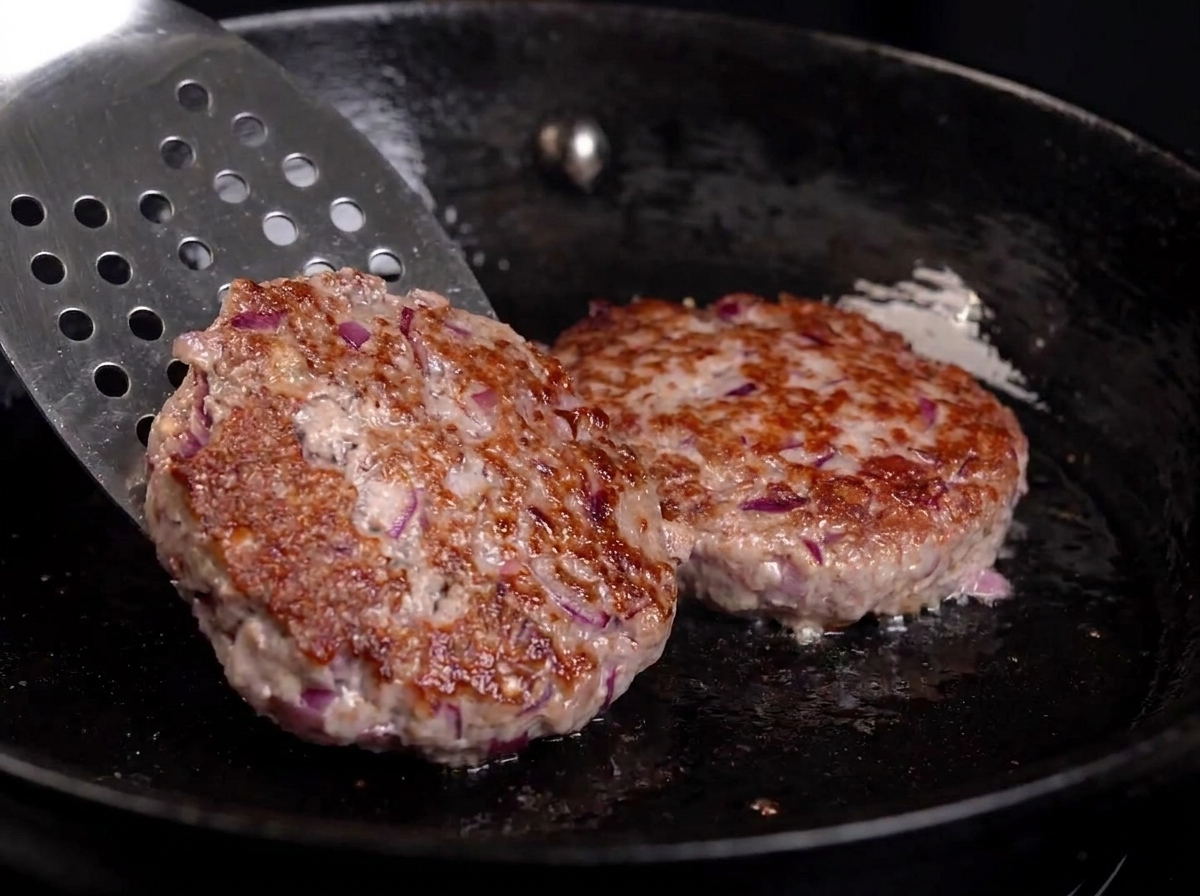 Ein Metallwender dreht ein Patty in der Pfanne und zeigt eine tiefbraune Kruste.