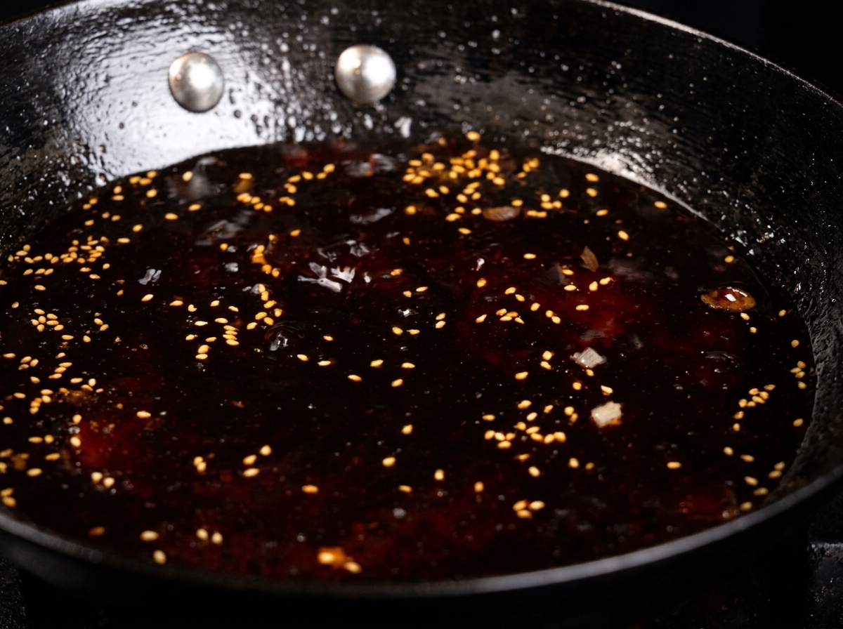 Eine dunkle, glänzende Bratensoße, die in der Pfanne einkocht.