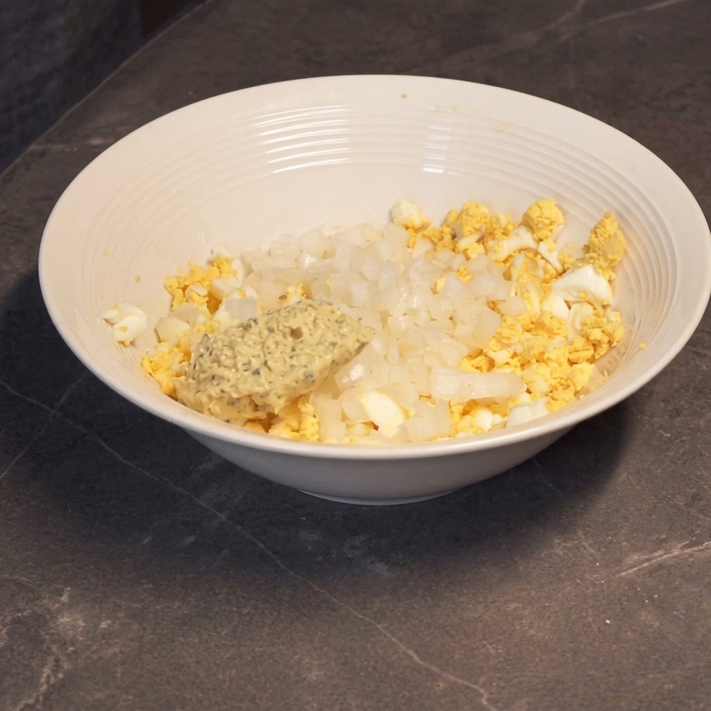 Gehackte Zwiebeln und ein Löffel cremige Remoulade werden in einer weißen Schüssel unter zerdrückte Eier gerührt.