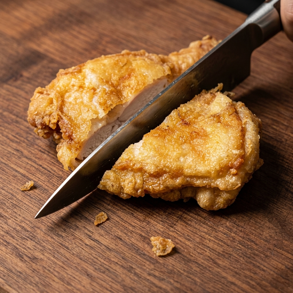 Knusprig frittiertes Hähnchenschnitzel wird auf einem Holzbrett aufgeschnitten und zeigt die goldbraune Panade und das zarte Fleisch.