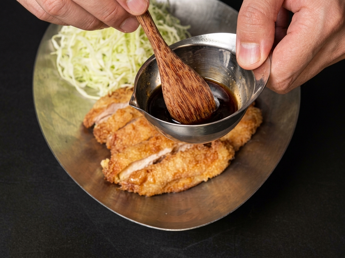 Nahaufnahme einer Soja-Essig-Zucker-Mischung, die über frisch aufgeschnittene, goldbraun frittierte Hähnchenschnitzel geträufelt wird.