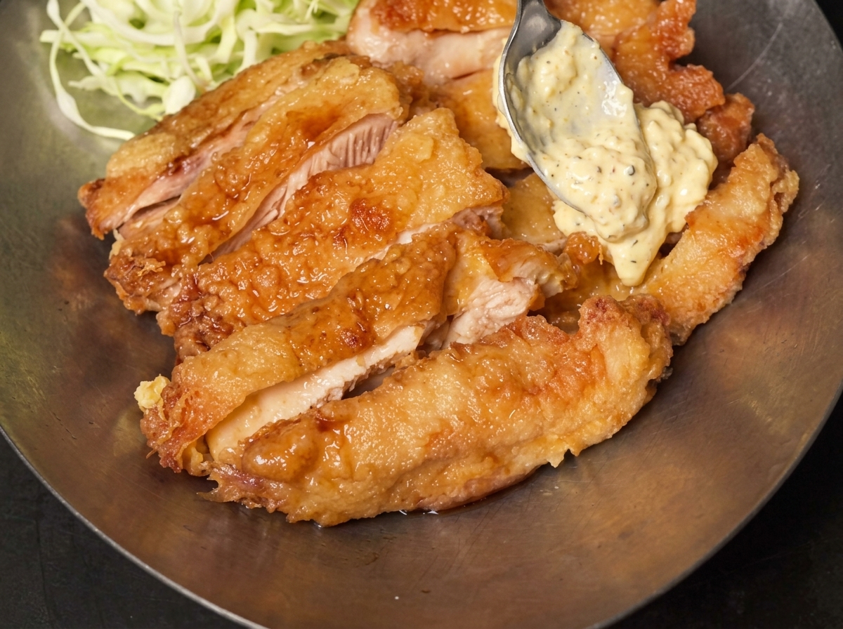 Cremige Ei-Remoulade wird auf plattierte Hähnchenschnitzel gelöffelt und bildet eine appetitliche Garnitur.