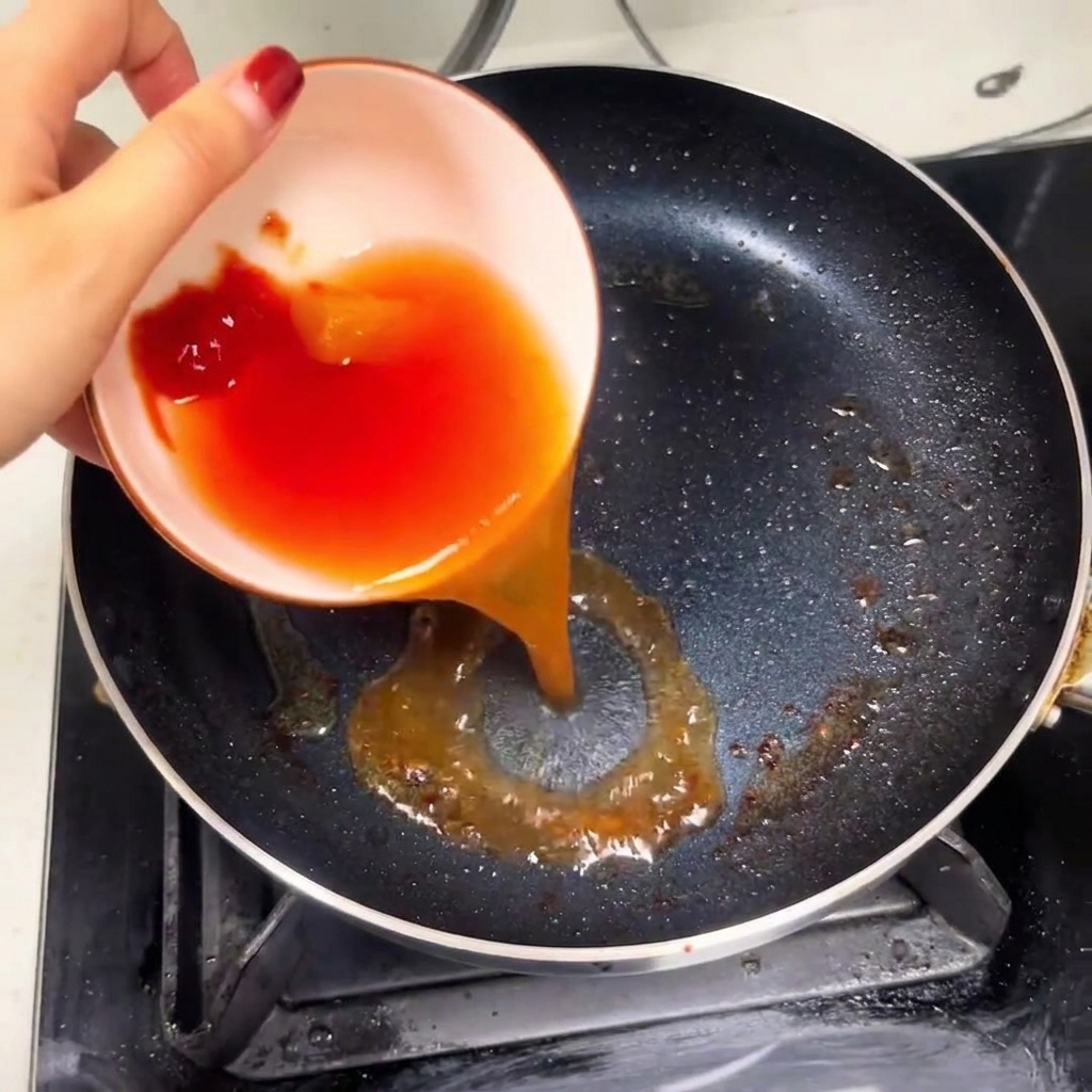 Tomatenketchup und Wasser werden in die heiße Pfanne gegeben.