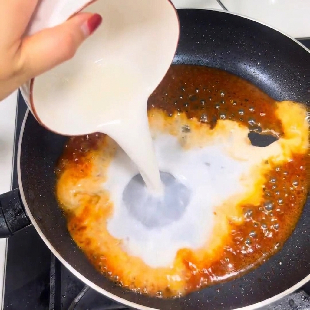 Maisstärkemischung wird in die rote Sauce in der Pfanne gegossen.