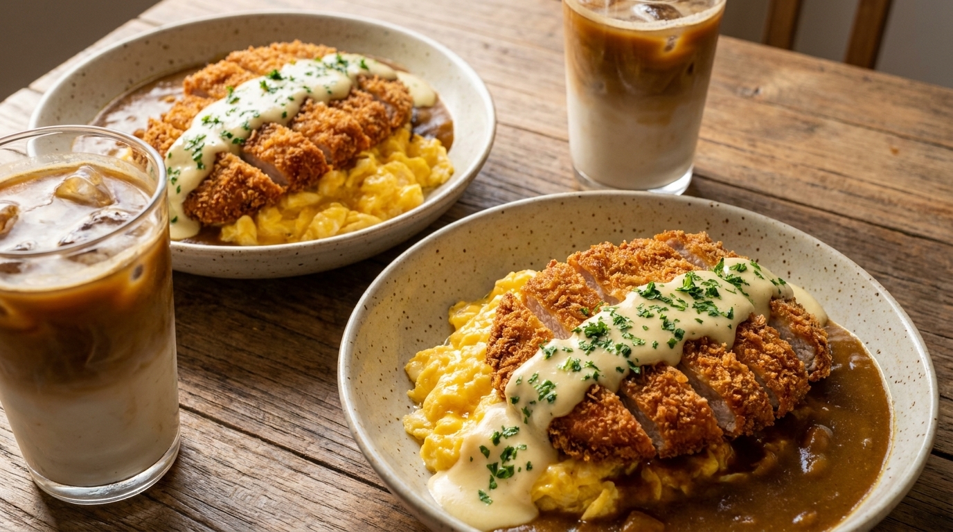 Kokos-Curry-Schweinekotelett mit Reis & Joghurt-Latte