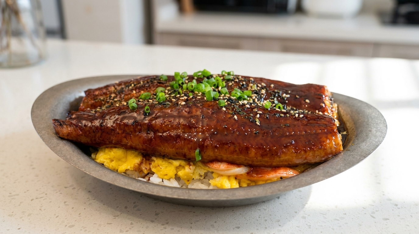 Aal-Reisschale mit Krabben-Rührei