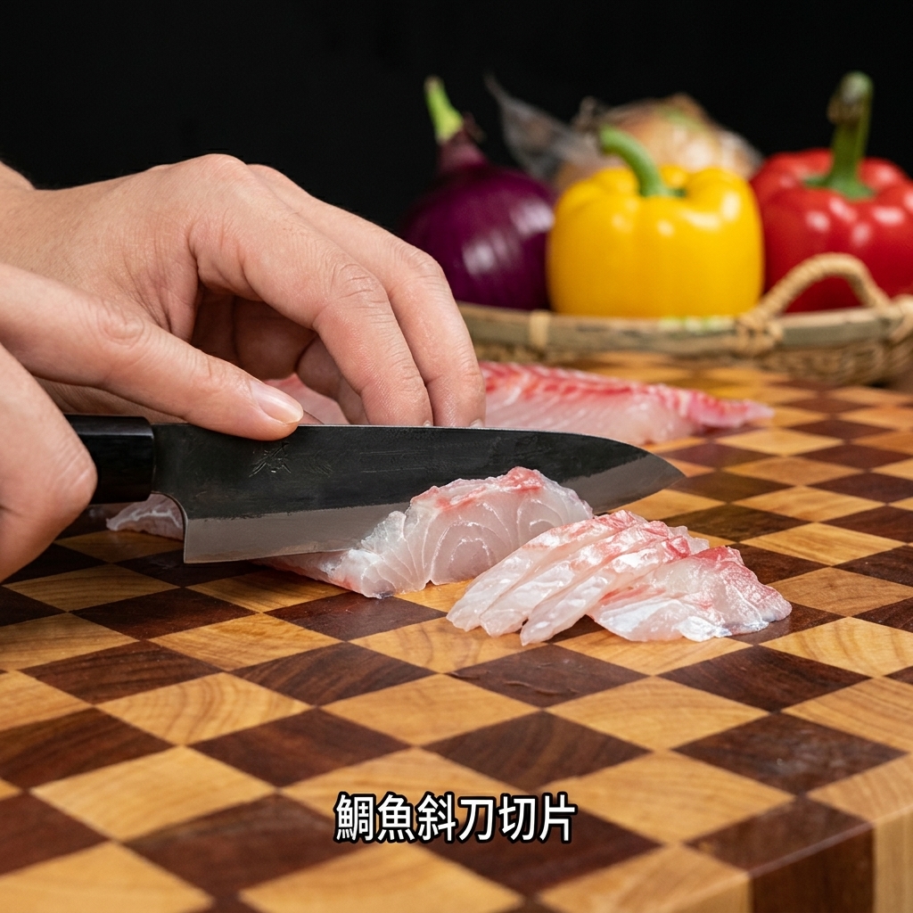 Dünne Scheiben von rohem Tilapia-Filet auf einem Schneidebrett.