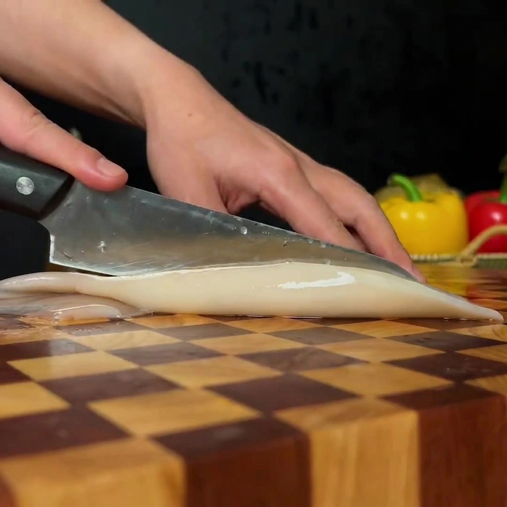 Gereinigter Tintenfisch wird in kleine Stücke geschnitten.