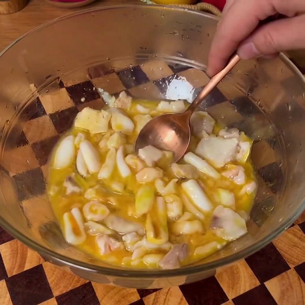 Meeresfrüchte-Ei-Mischung in einer Glasschüssel.