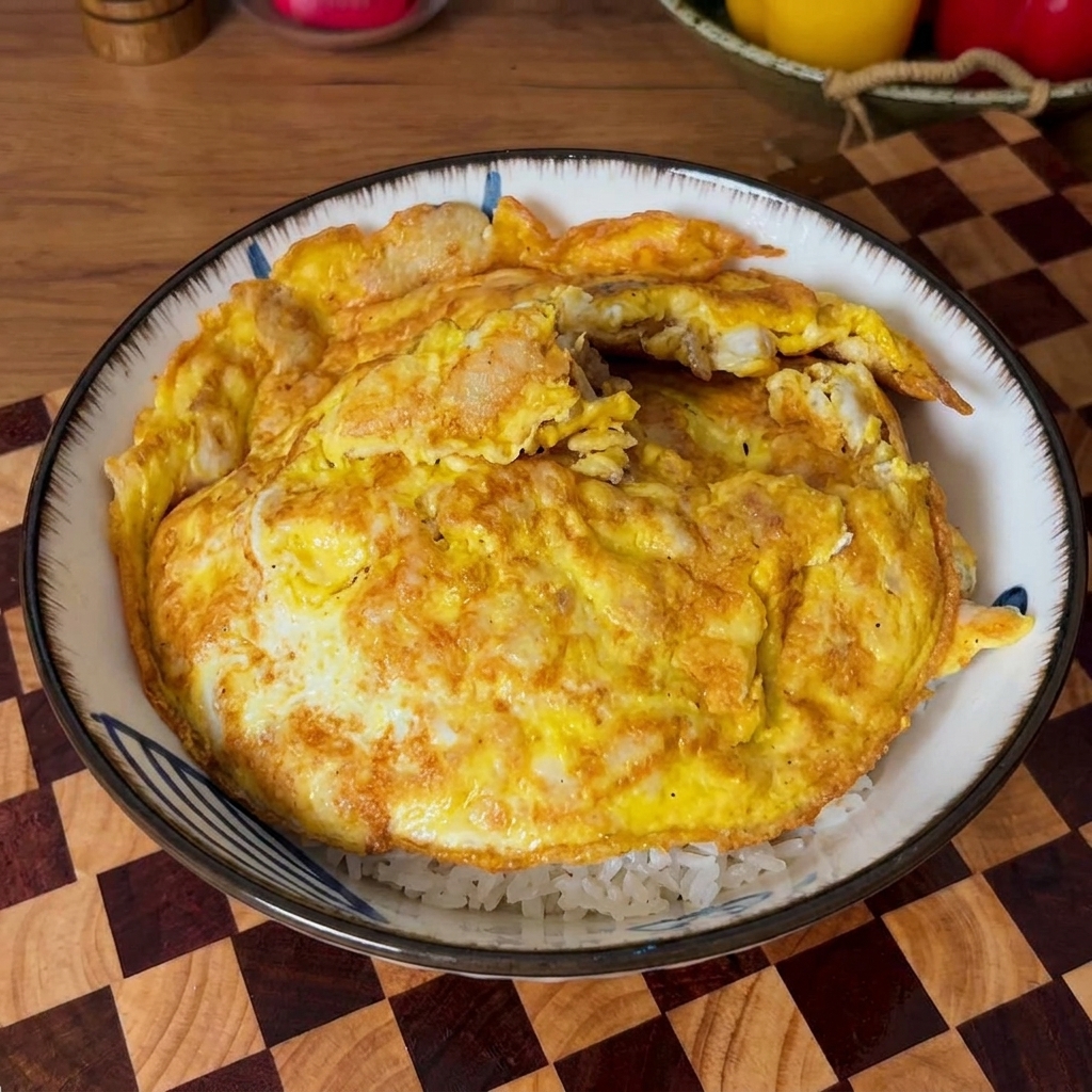 Ein goldbraunes Meeresfrüchte-Omelett wird auf eine Reisschale serviert.