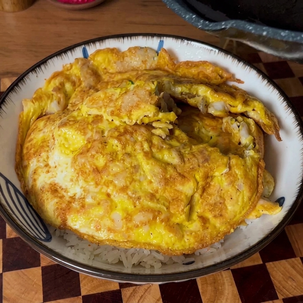 Dunkle, glänzende Sauce wird über ein Omelett auf einer Reisschale gegossen.