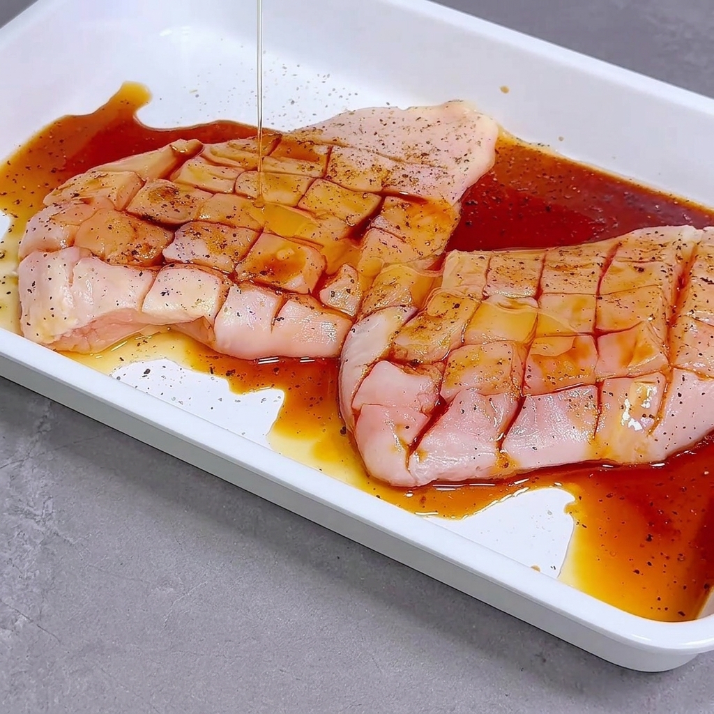 Eine dunkle flüssige Marinade wird über rohe, eingeschnittene Hähnchenbrüste in einer weißen Schale gegossen.