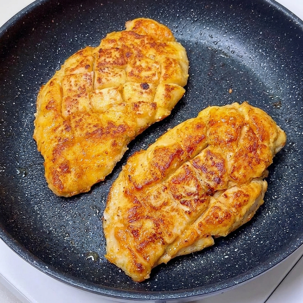 Panierte Hähnchenstücke braten in einer blubbernden Pfanne, bis sie eine knusprige, goldbraune Kruste haben.
