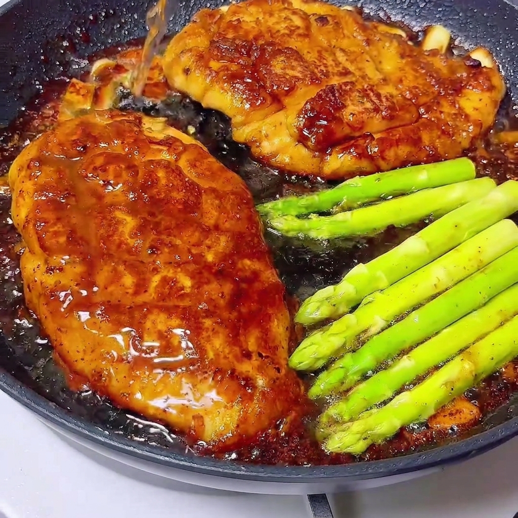 Weißwein wird in eine Pfanne mit glasierten Hähnchenbrüsten und grünem Spargel gegossen.