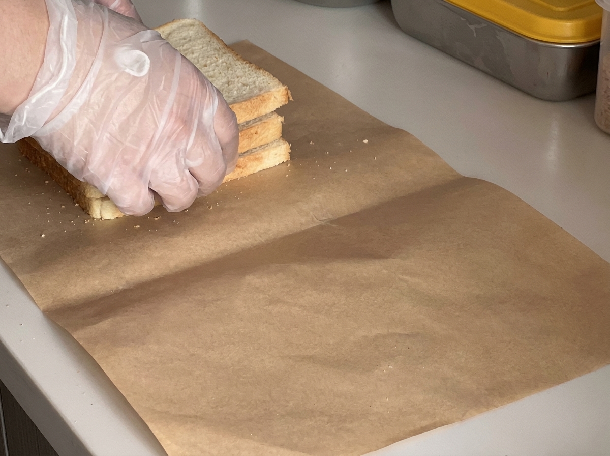 Drei Scheiben frisches Brot, gleichmäßig auf Backpapier angerichtet.