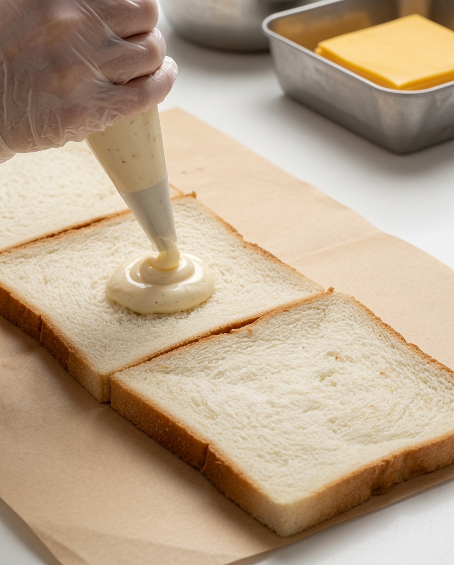 Nahaufnahme vom Dressing, das dekorativ in Zickzacklinien auf das Brot aufgetragen wird.