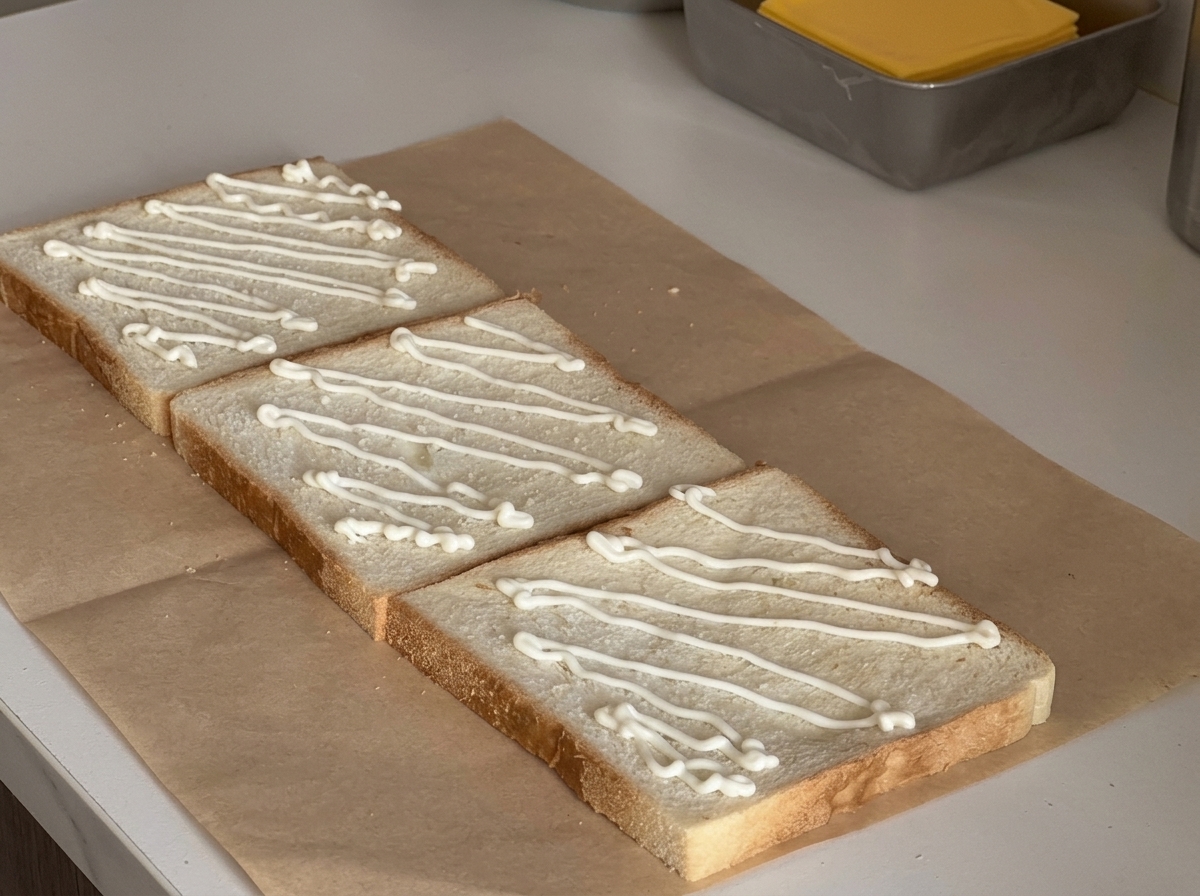 Frische, knackige Salatblätter auf dem mit Sauce bestrichenen Brot.