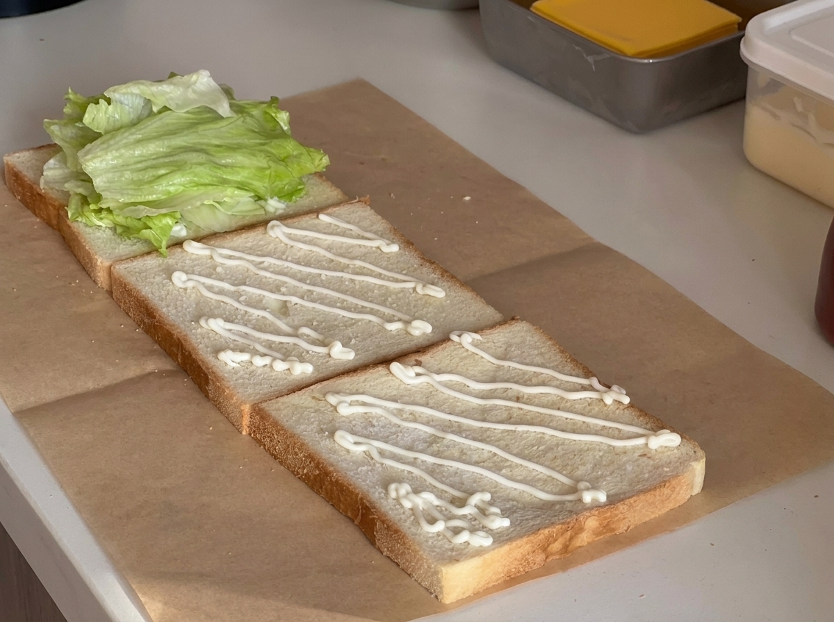Ein leichter Dressing-Drizzle auf der Salatlage.