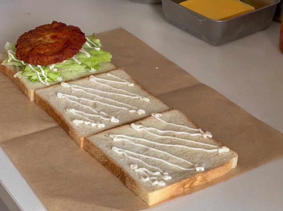 Eine einzelne Scheibe gelber Käse auf dem Hähnchenfilet.