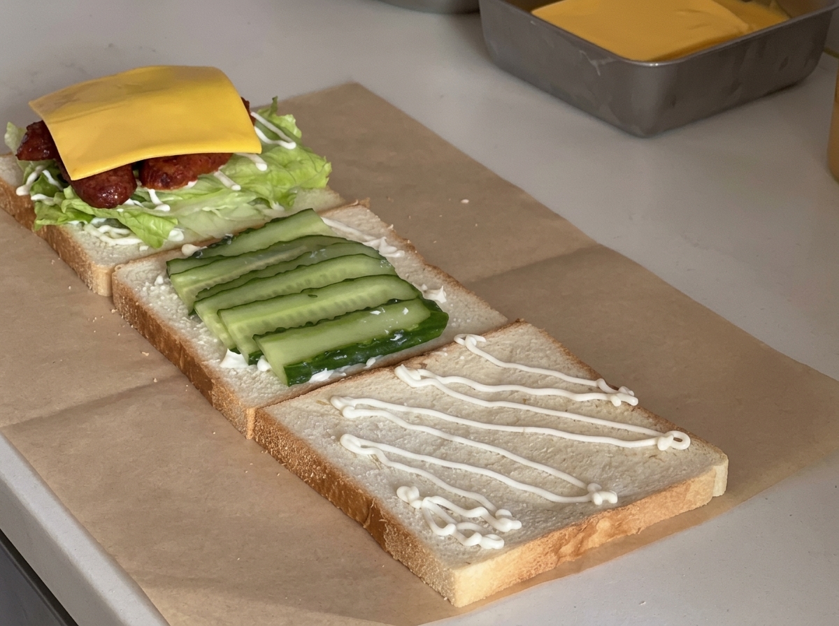 Frische rote Tomatenscheiben neben den Gurken auf dem Brot.