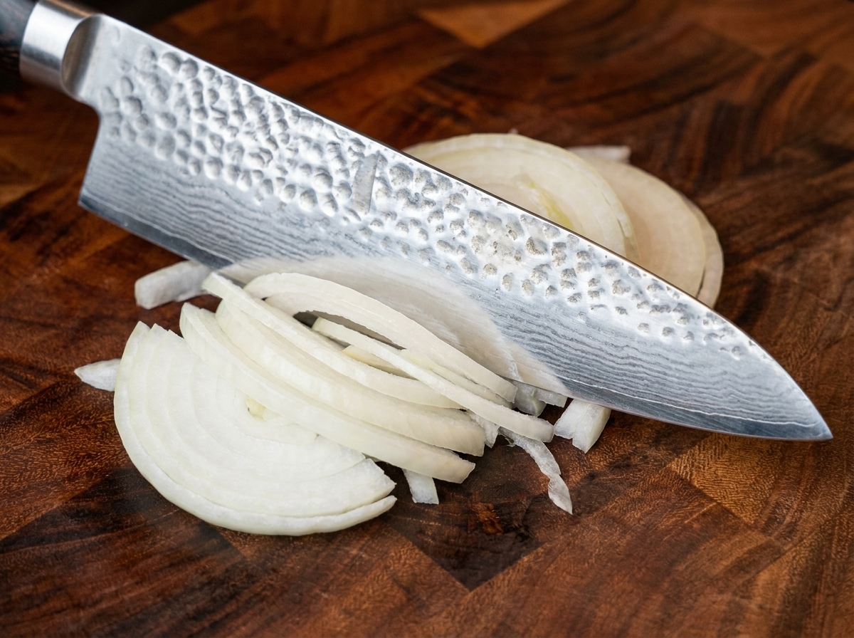 Fein geschnittene weiße Zwiebelstücke auf einem Holzschneidebrett neben einem Kochmesser.