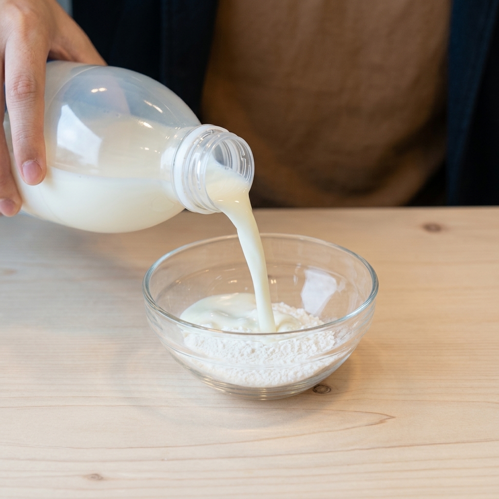 Eine kleine Glasschüssel mit Süßkartoffelmehl, in die Milch gegossen wird.