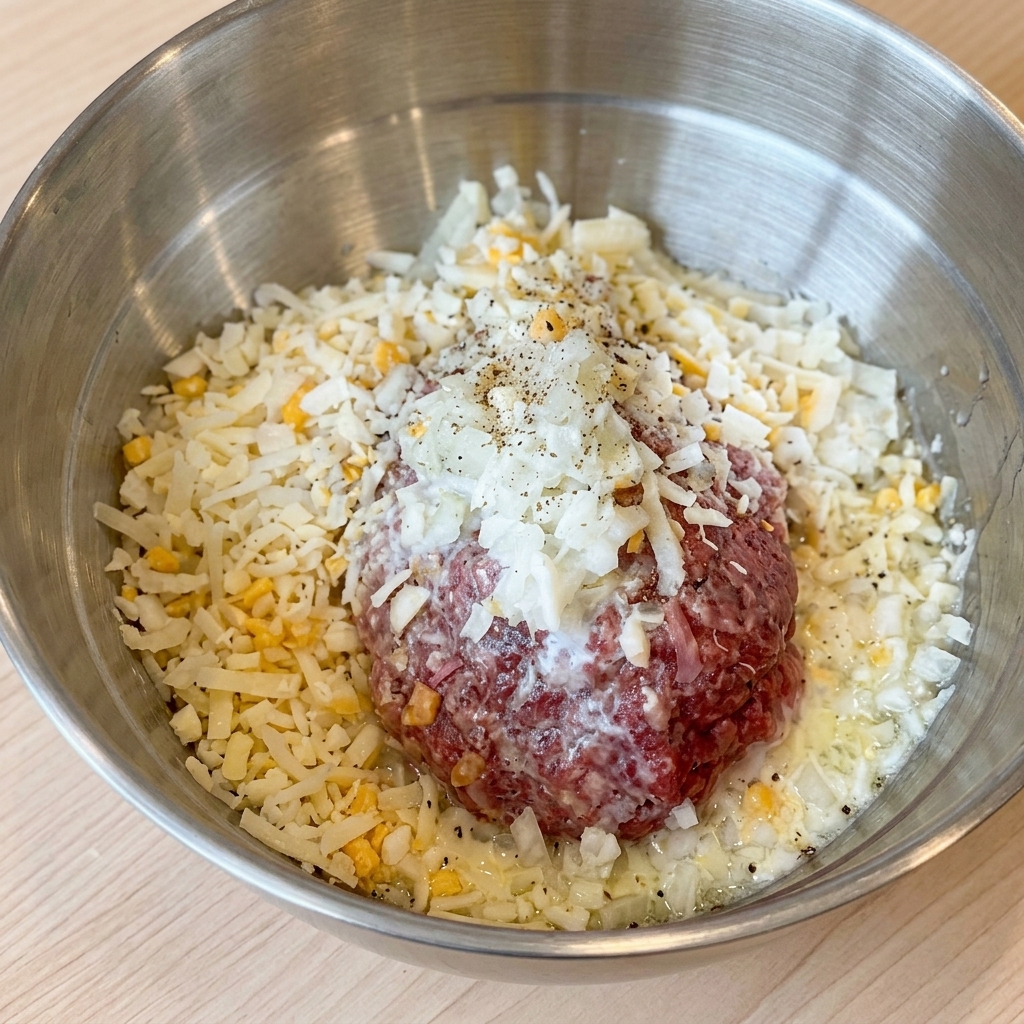 Rohe Rinderhackfleischmischung in einer großen Schüssel, belegt mit geriebenem Käse, Zwiebeln und frisch gemahlenem schwarzem Pfeffer.