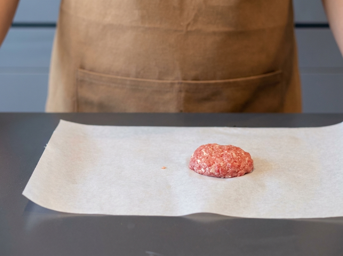 Ein rohes, perfekt geformtes rundes Fleischpatty ruht auf Backpapier, bereit zum Braten.