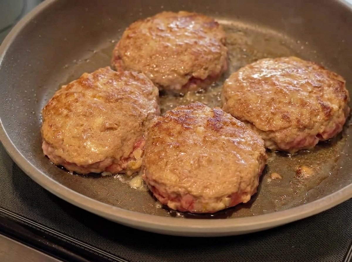 Ein Stück Butter schmilzt in einer Pfanne um drei bräunende Hamburger Pattys.