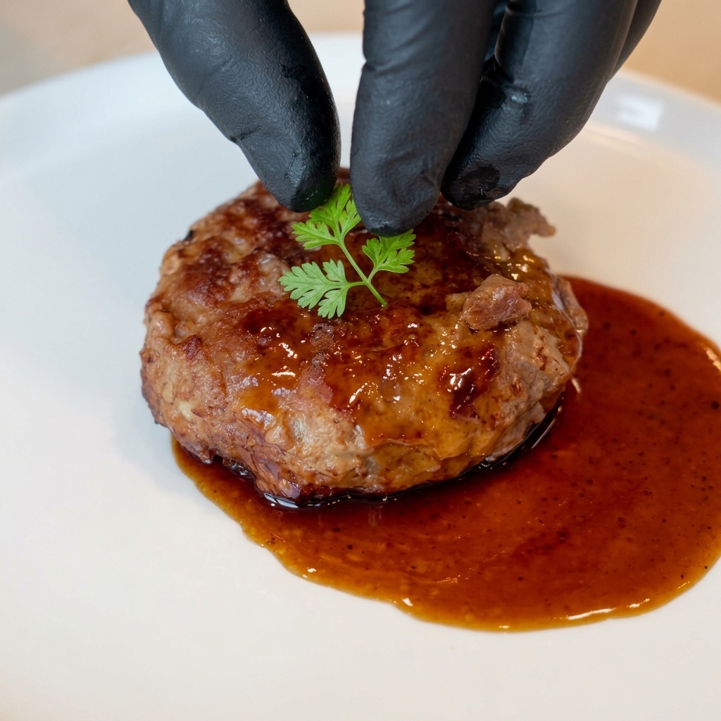 Eine Nahaufnahme eines saftigen Hamburger Pattys auf einem weißen Teller, garniert mit einer zarten Garnitur aus frischen, leuchtend grünen Frühlingszwiebelstreifen.