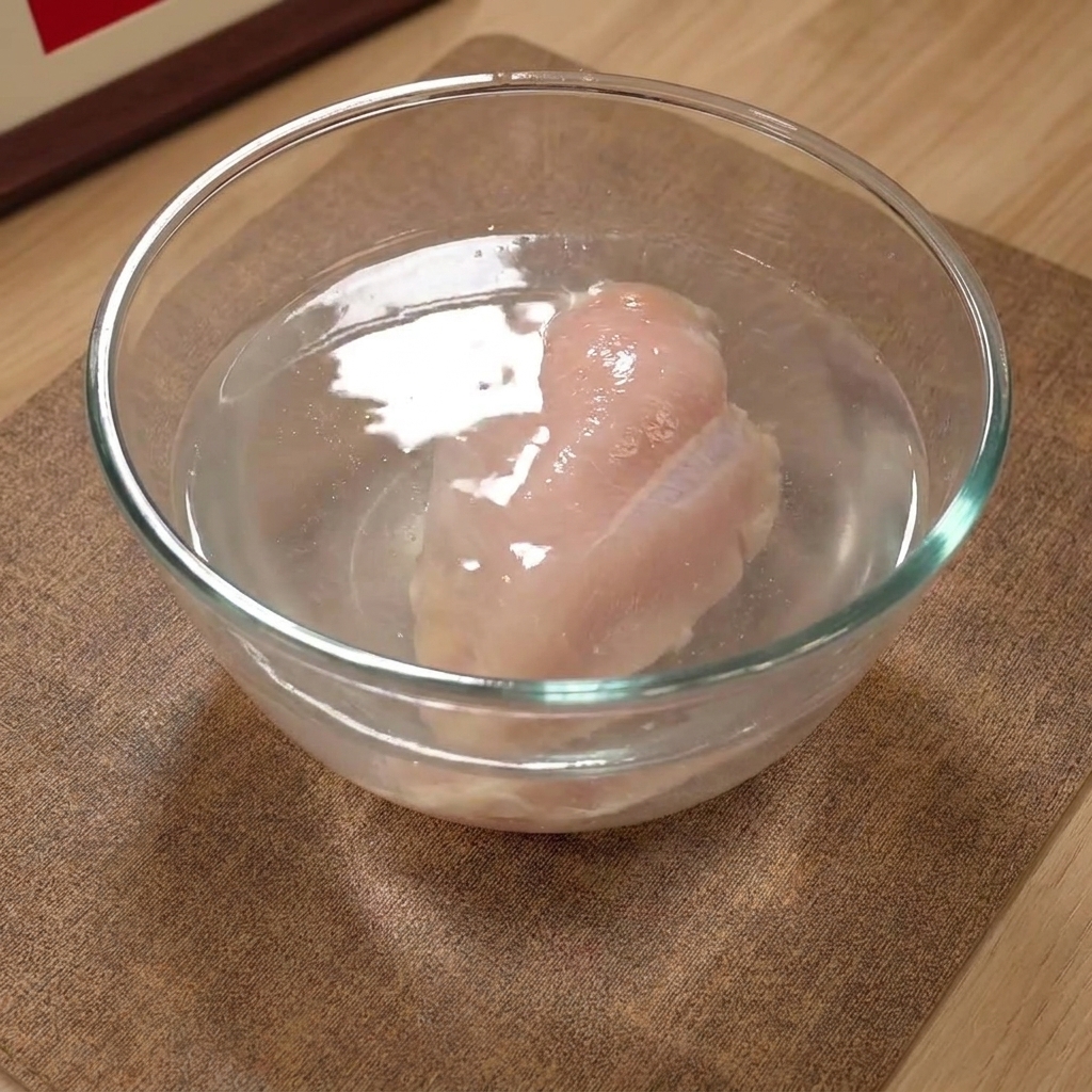 Eine Hähnchenbrust in einer Glasschüssel mit Salzwasser.
