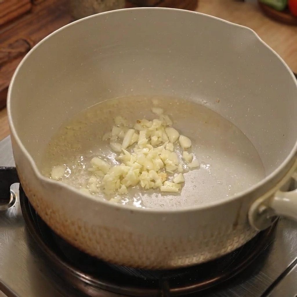Gehackter Knoblauch und Zwiebeln in einem Topf mit etwas Öl.