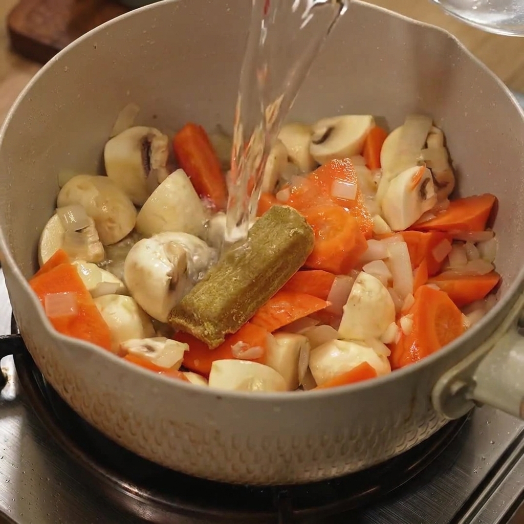 Ein Curry-Würfel im Topf, während kochendes Wasser hinzugefügt wird.