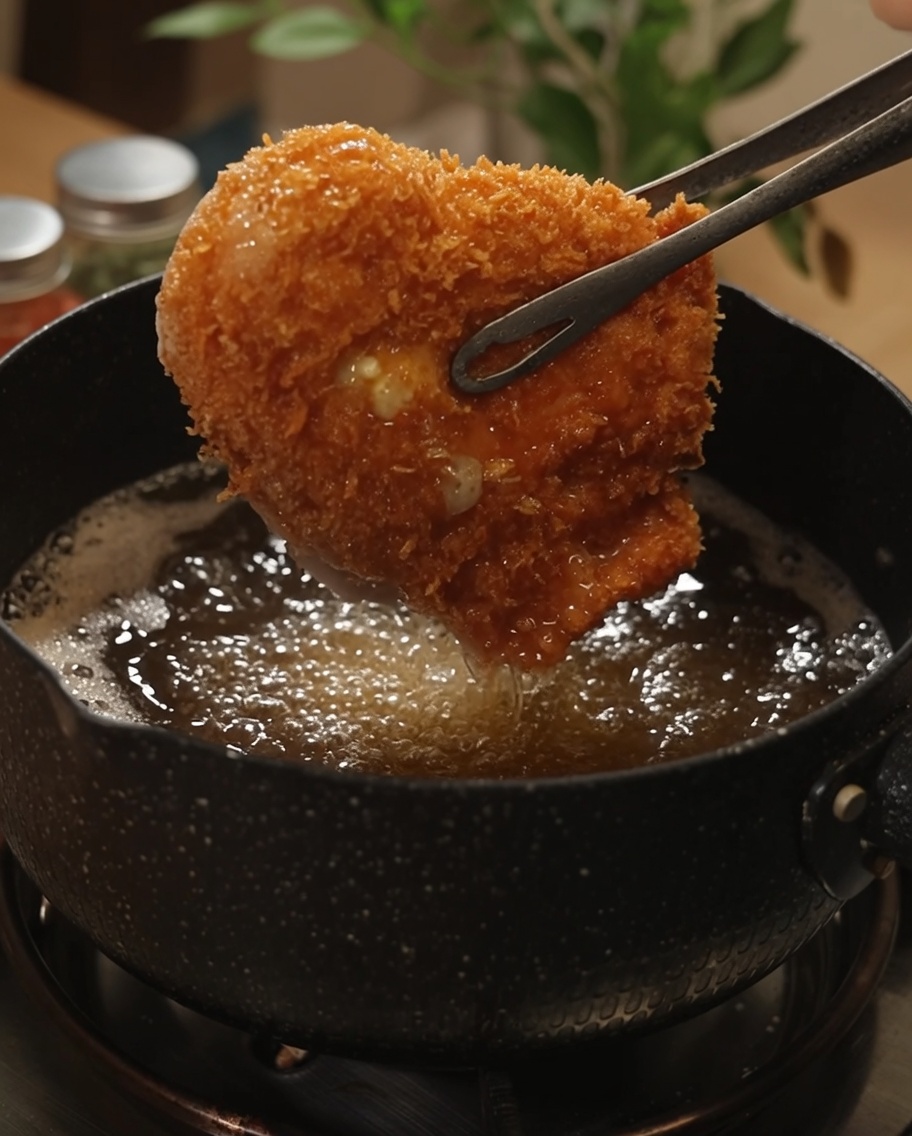 Ein goldbraunes Hähnchenschnitzel wird mit einer Zange aus heißem Öl gehoben.