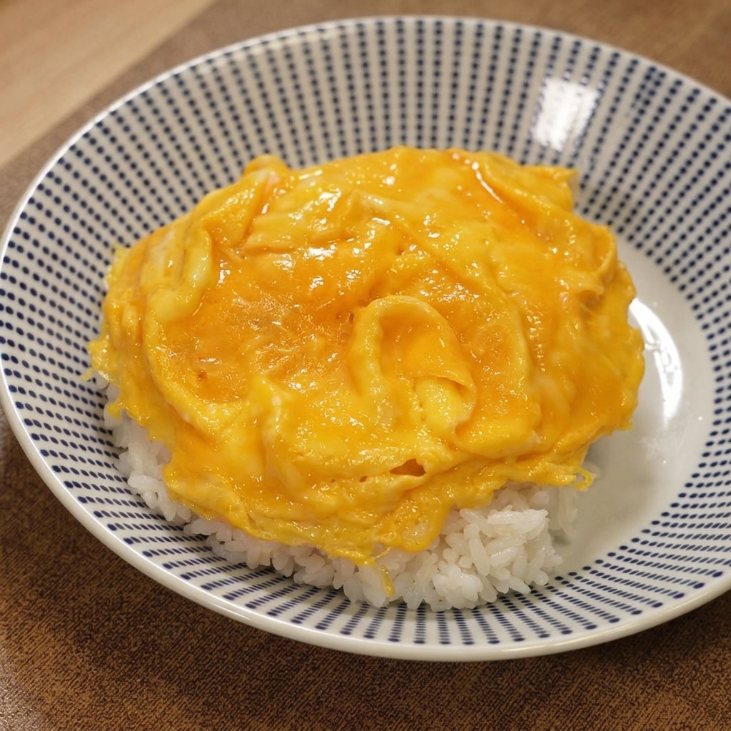 Ein Teller mit Reis, getoppt mit weichem Ei, knusprigem Hähnchen und Currysauce.