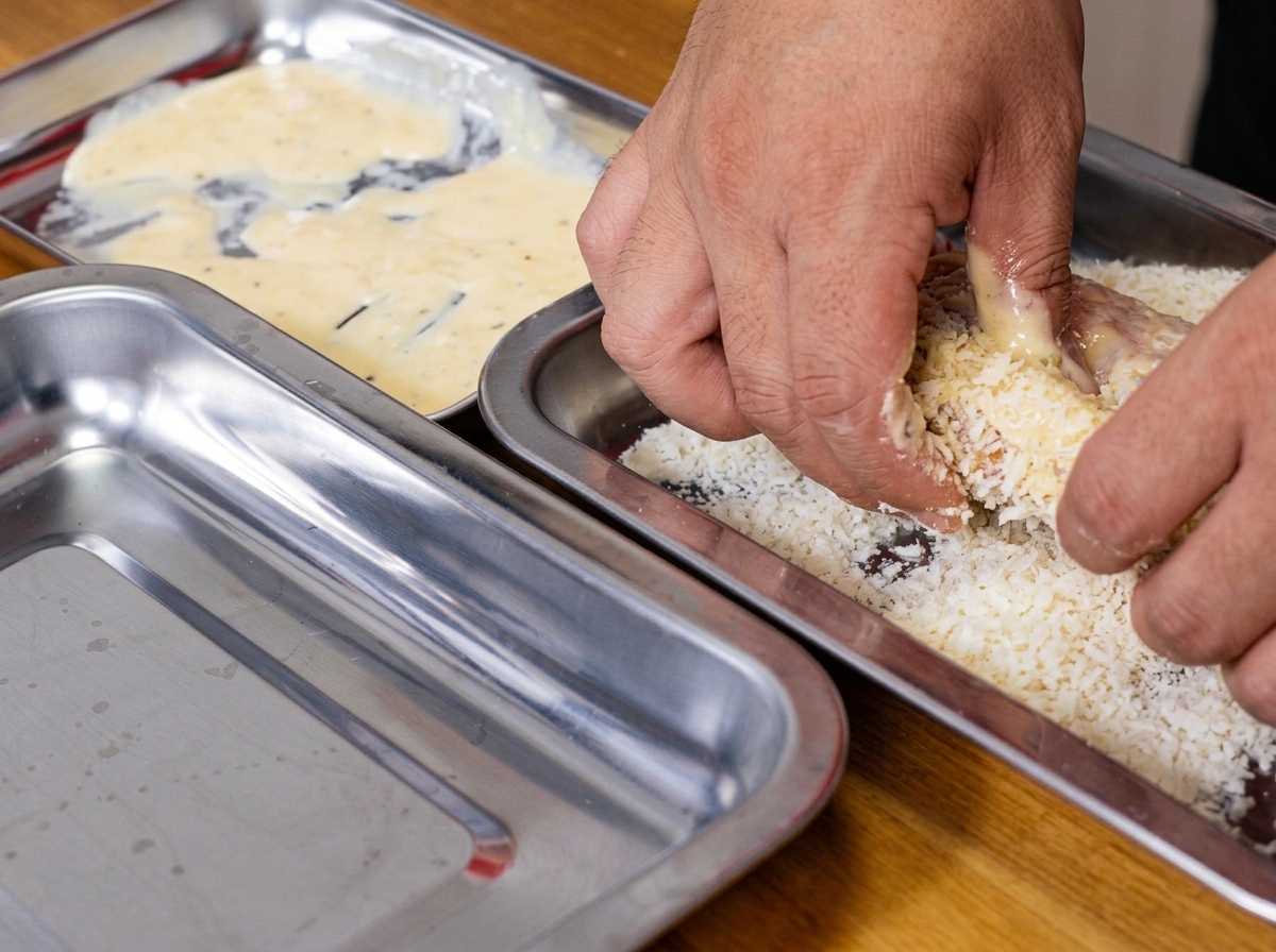 Das panierte Hähnchen wird fest in Panko-Brösel gedrückt.
