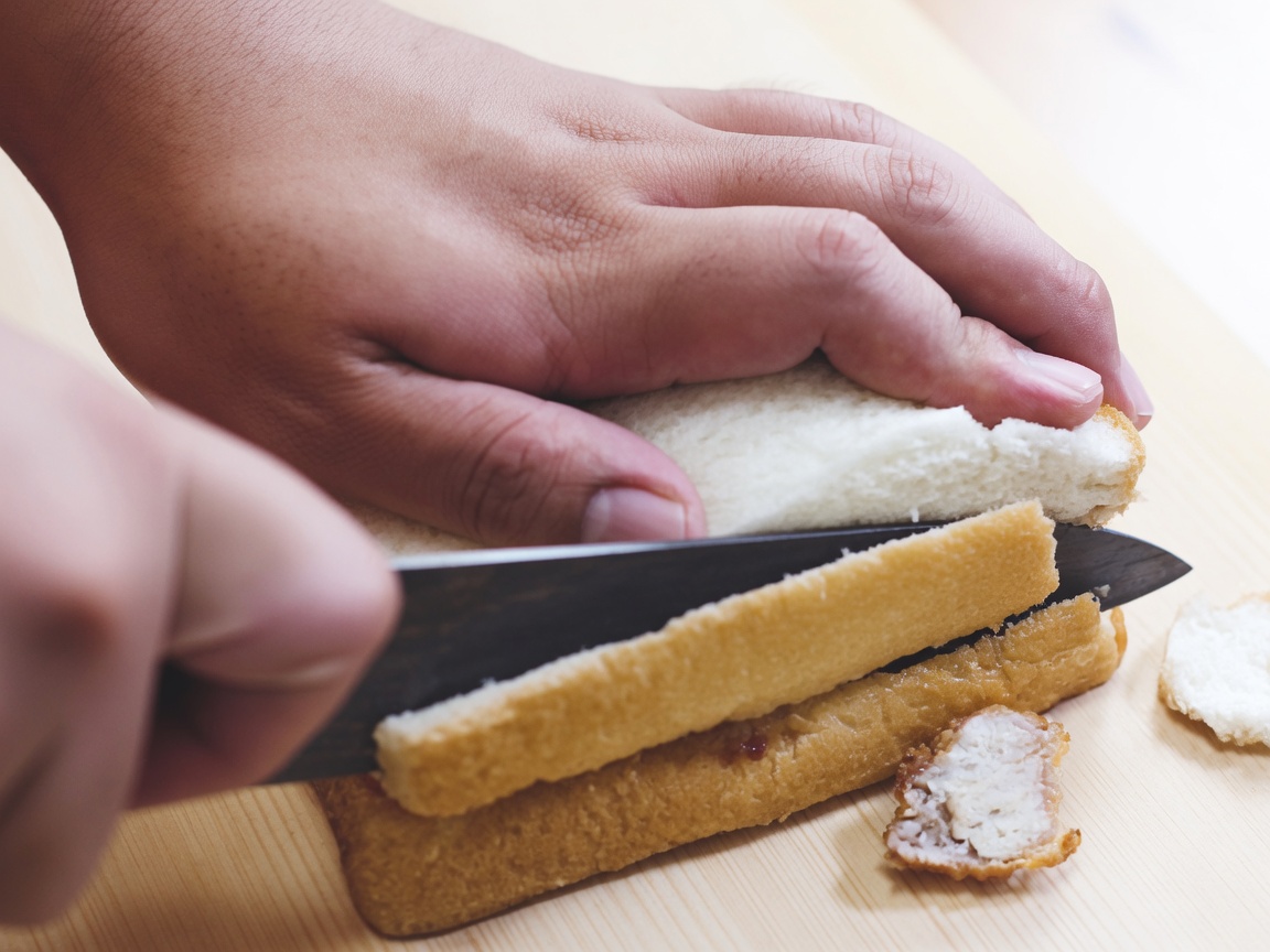Ein scharfes Messer schneidet die Krusten von einem fertig belegten Sandwich ab.