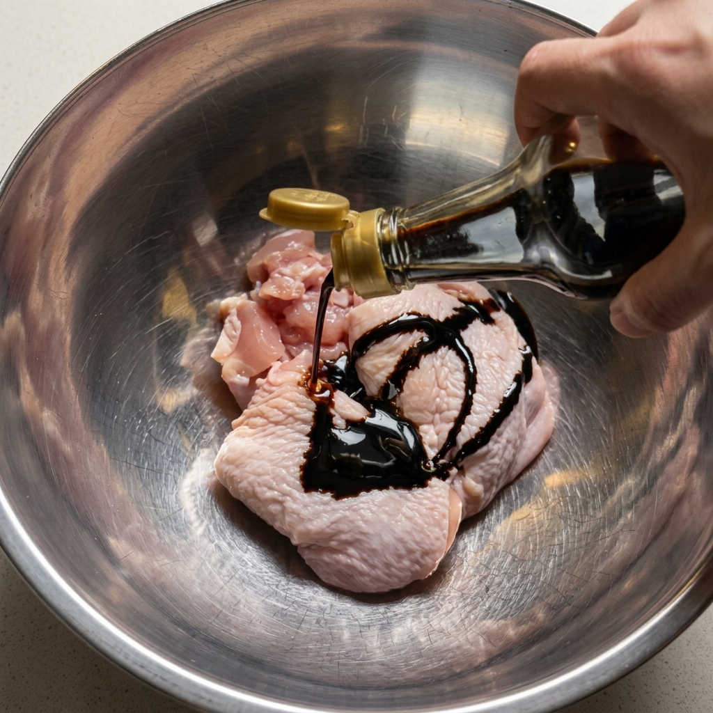 Rohe Hähnchenschenkelfilets in einer dunklen, herzhaften Marinade in einer Edelstahlschüssel.
