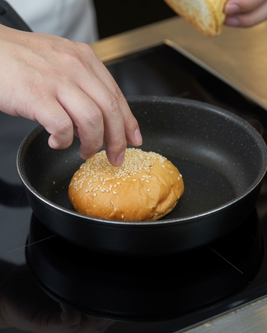 Burgerbrötchen werden in einer Pfanne auf dem Herd angeröstet.