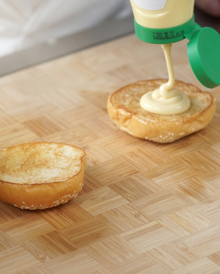Mayonnaise wird auf ein Brötchen gestrichen, danach folgt eine Schicht Krautsalat.