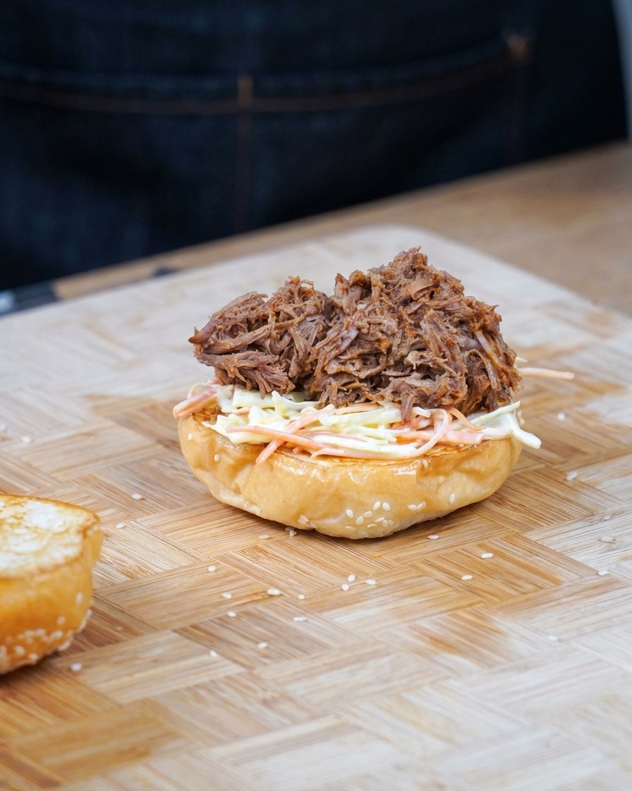 Eine großzügige Portion Pulled Pork wird auf den Krautsalat gelegt.