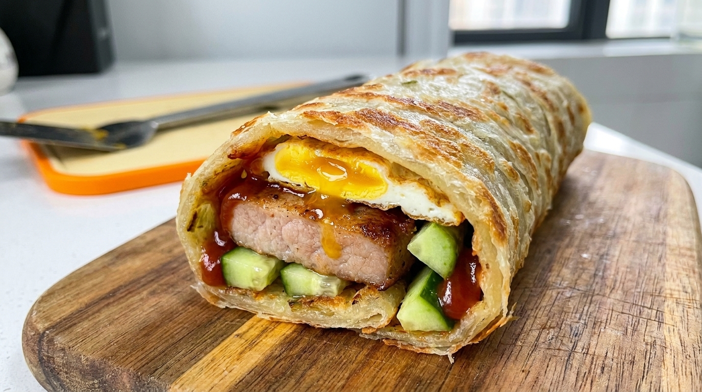 Schweinekotelett- und Ei-Wrap mit Frühlingszwiebel-Pfannkuchen
