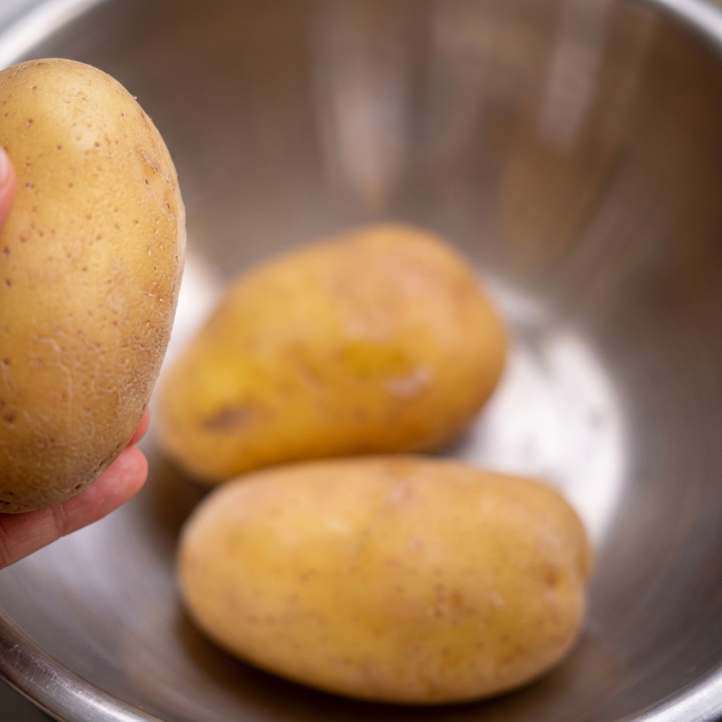 Gefrorene Kartoffeln in einer Edelstahlschüssel mit kaltem Wasser.