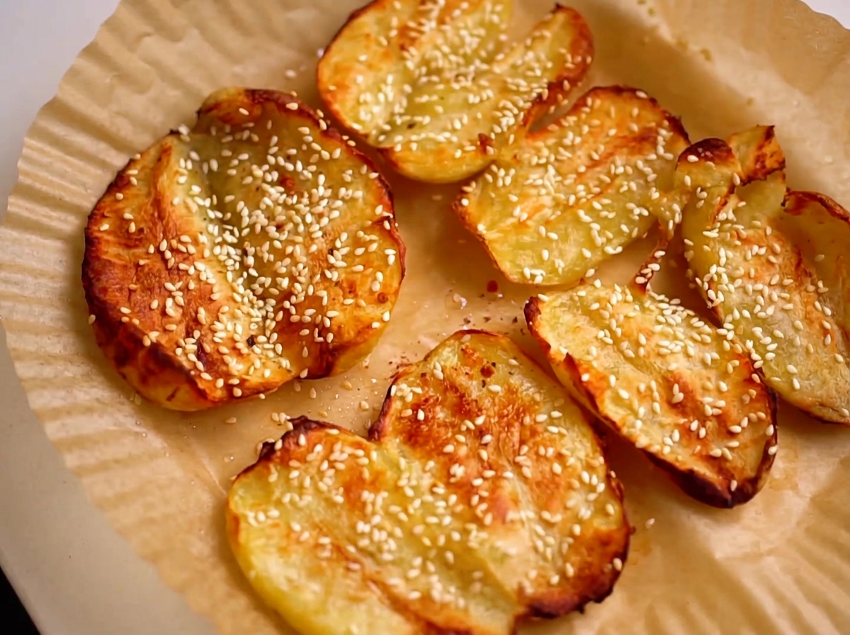 Nahaufnahme von Chilipulver, das auf goldbraune Röstkartoffeln gestreut wird.