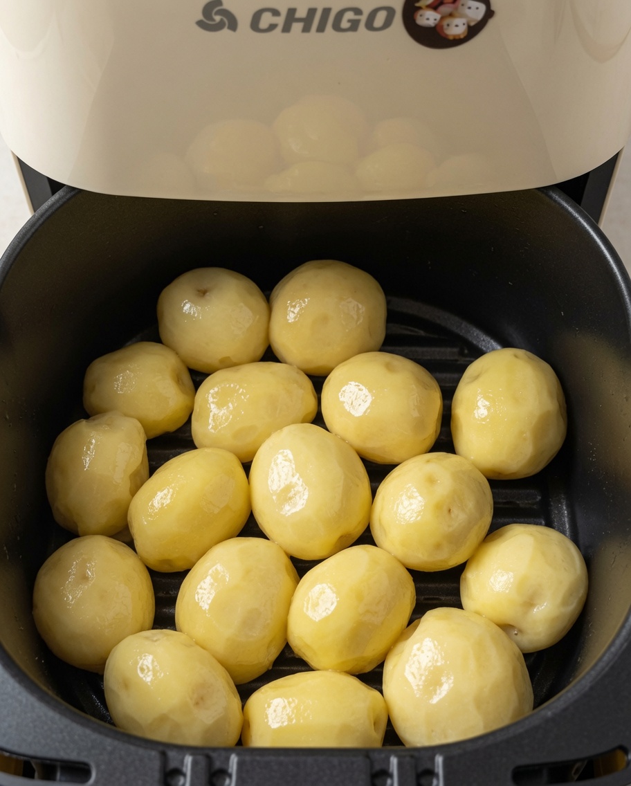Speiseöl wird gleichmäßig über die Kartoffeln im Korb gesprüht.