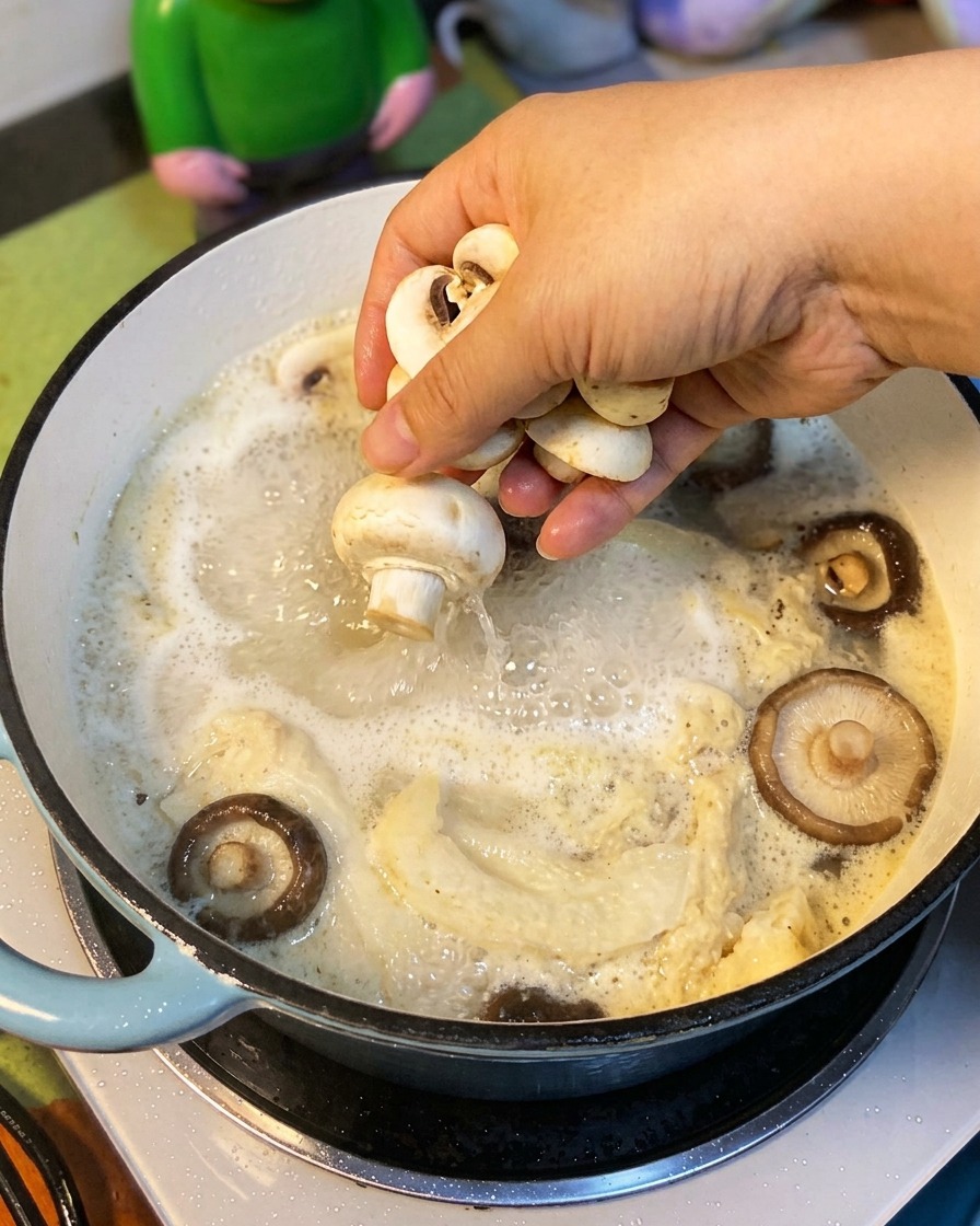 Geschnittene Pilze werden in die Suppe gegeben.