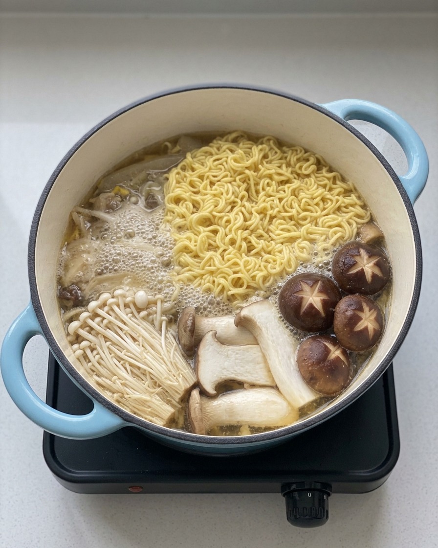 Ein Löffel Salz wird in den Topf mit Nudeln, Hähnchen und Pilzen gegeben.