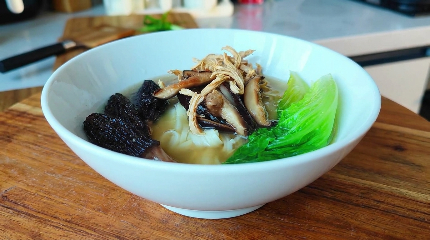 Fettarme Nudelsuppe mit Hähnchen und Waldpilzen